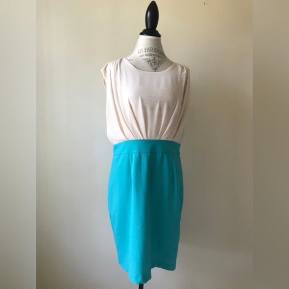 Joy Joy | Cream + Aqua Color Block Sheath Dress - Picture 2 of 8